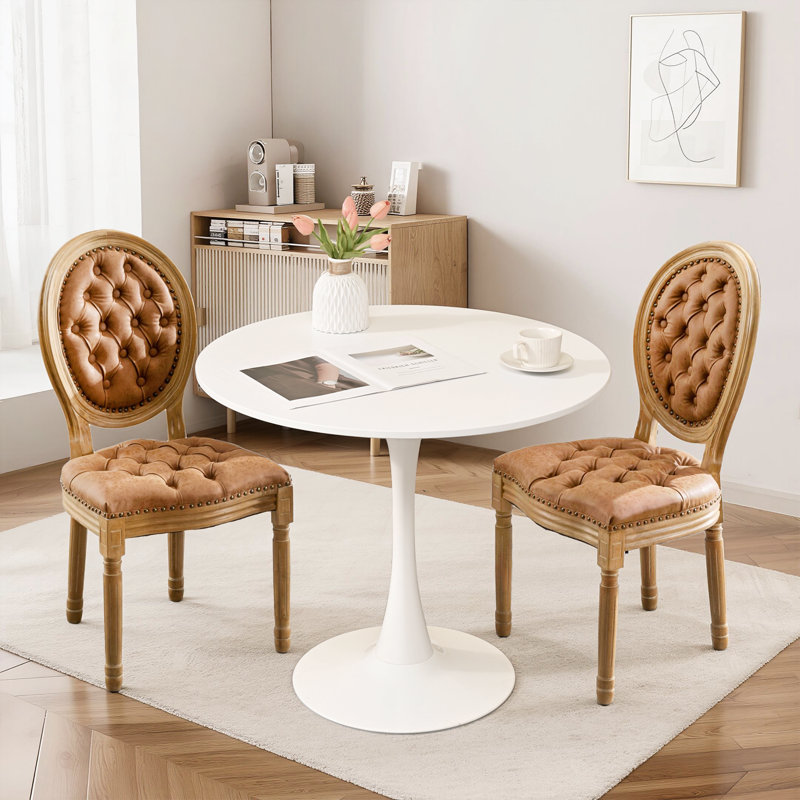 31.5" Tulip Round Dining Table And 2 Round-backed Dining Chairs Set, White, Orange