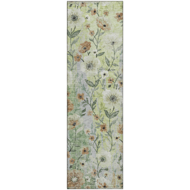 Premium Machine Washable Mayfield AMF2403 Floral Rug, 2'3" x 7'6" Runner, Aloe