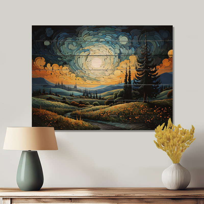 Vangogh le cyprès se balançant III - impression sans cadre sur bois, H 30 po x l 40 po x P 0,78 po