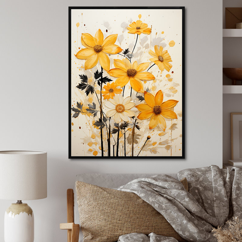 Minimalisme, fleurs orange sur toile, Cadre flottant noir, H 40 po x l 30 po x P 1,5 po