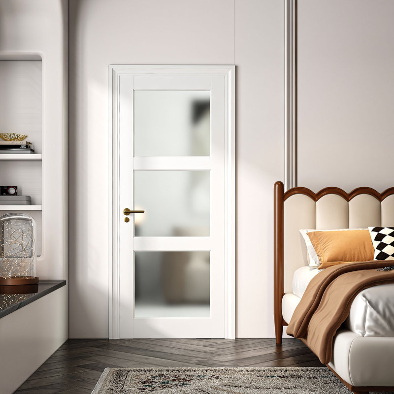32 po x 80 po H 3 po en verre givré français blanc préfini avec portes à peindre, 32 po x 80 po