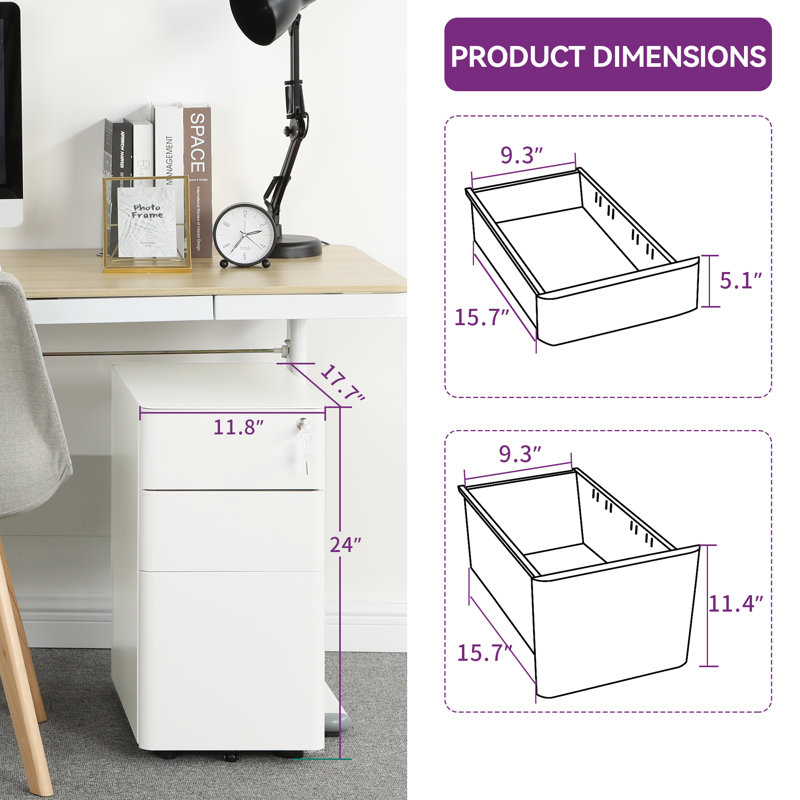 Gwendolyn 11.8'' Wide 3 -Drawer Mobile Steel File Cabinet, White