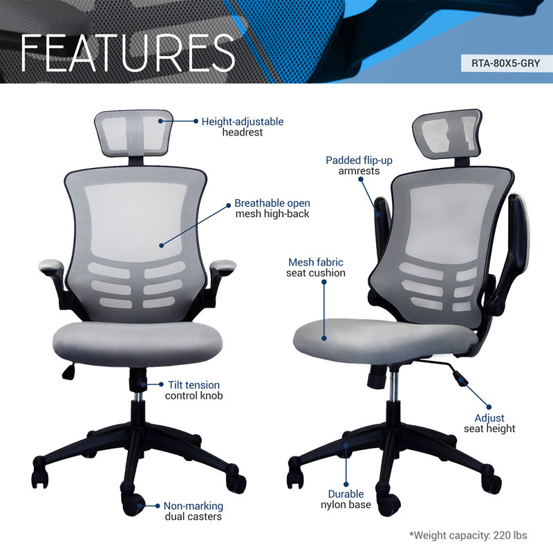 Fauteuil de direction moderne haut dossier en filet avec appui-tête et accoudoirs rabattables Techni Mobile