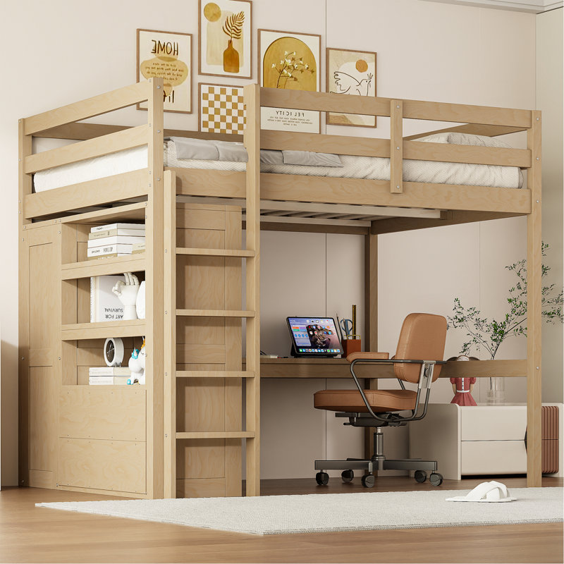 Lit mezzanine double en bois avec garde-robe intégrée, bureau, tablettes de rangement et tiroirs, Noyer