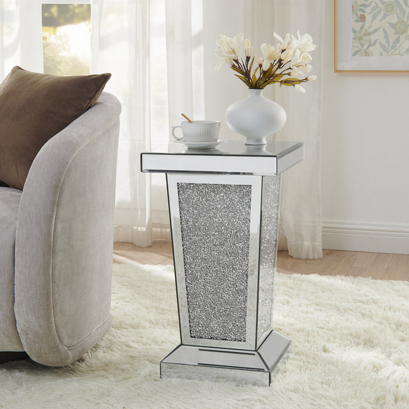 Table de bout en miroir argentée avec incrustation de cristal