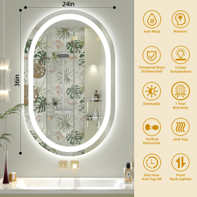 Lunara 192 LEDs/m LED Lighted Oval Bathroom/Vanity Mirror with ETL Certified, Anti-Fog Tempered Glass, 36" × 24"
