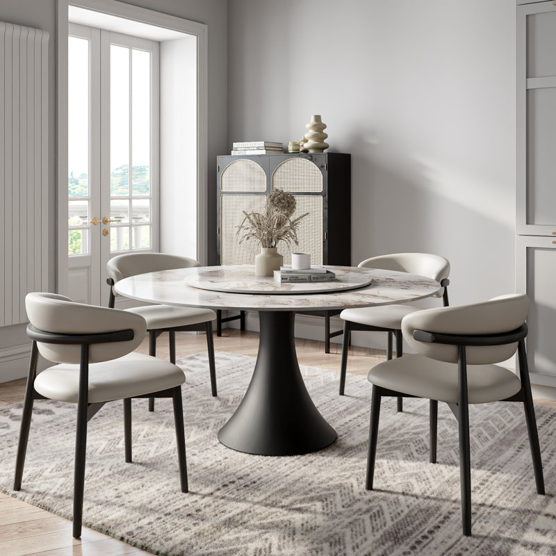Permelia Mid Mid Century avec plateau tournant en bois massif et chaises rembourrées en cuir pour la cuisine / salle à manger