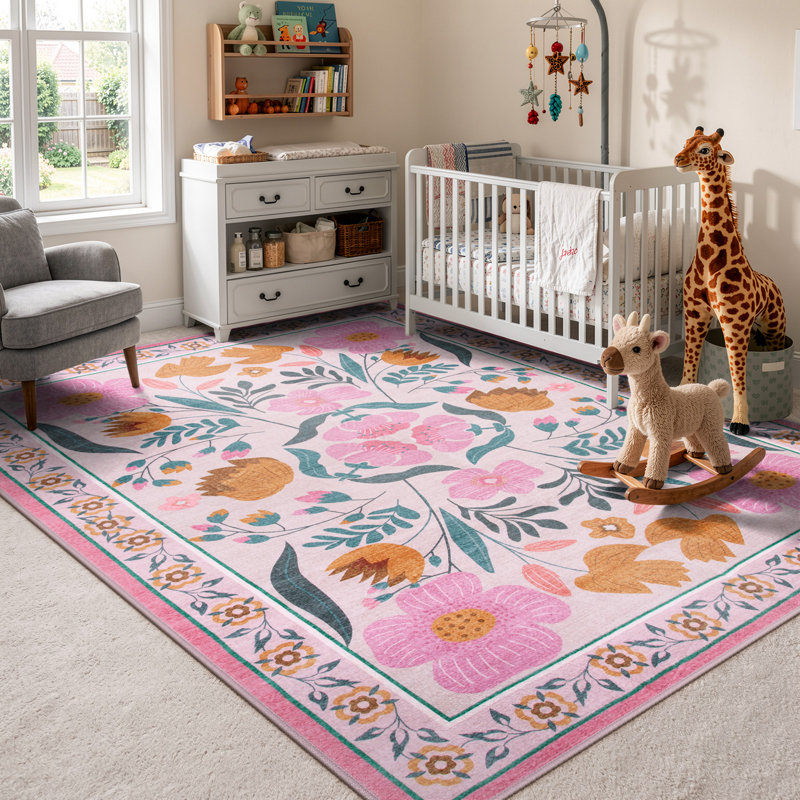  Kaldi Vintage Floral Washable Area Rug with Non-Slip Backing, Soft Botanical Farmhouse Rug for Living Room, Bedroom, Dining Room