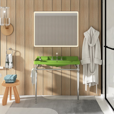 Lavabo de console de salle de bain 36 po, meuble-lavabo mural en céramique avec 3 trous de robinet pré-percés, pieds de support autoportants en acier inoxydable avec barre à serviettes