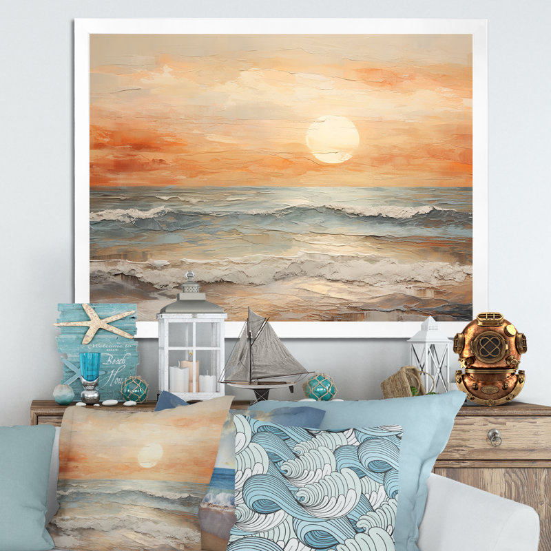 Art sur toile, coucher de soleil sur la plage, H 34 po x l 44 po x P 1,5 po, Cadre blanc
