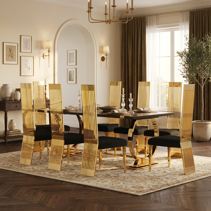 Boucle Upholstered Chairs With Glam High Stainless Steel Back And Leg, Gold/Black