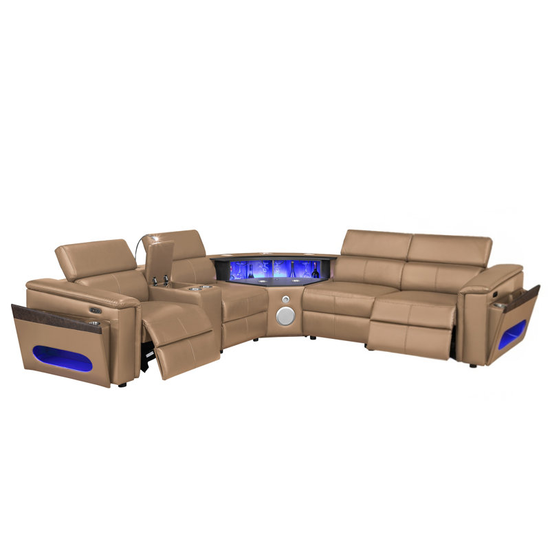 Smart Lounge Power Reclining Sectional Sofa with LED Reading Light Console, USB & Wireless Charging, Caramel Polyurethane