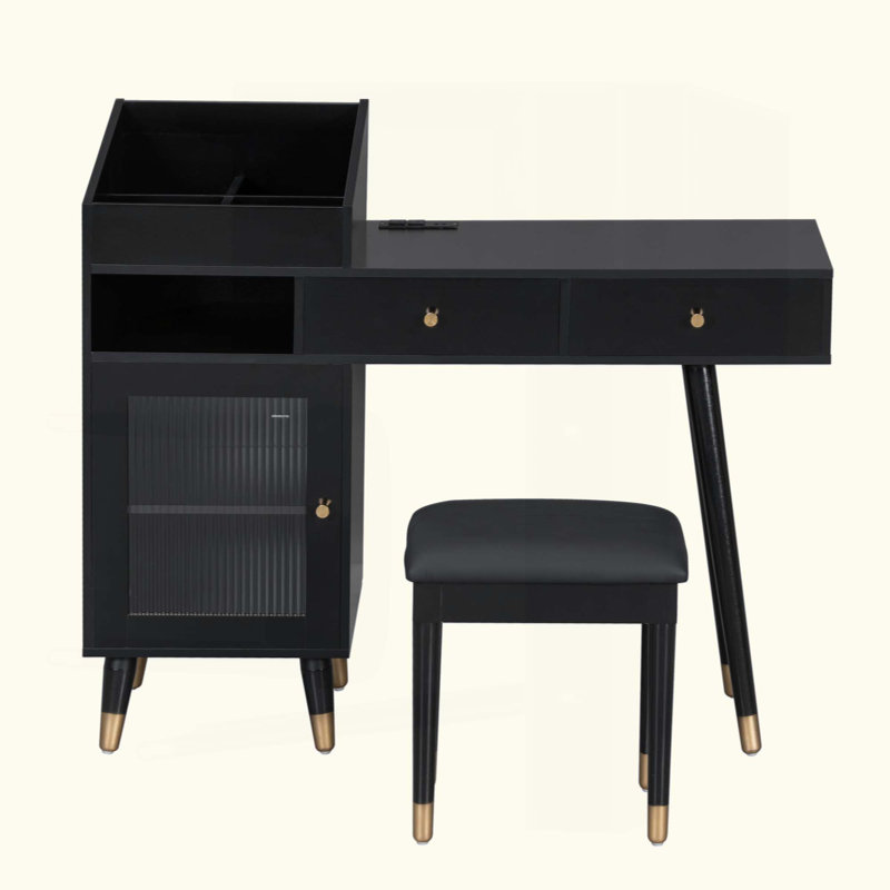 Ensemble de coiffeuse moderne avec tiroirs, armoire et port de charge, ensemble de coiffeuse avec tabouret pour petits espaces