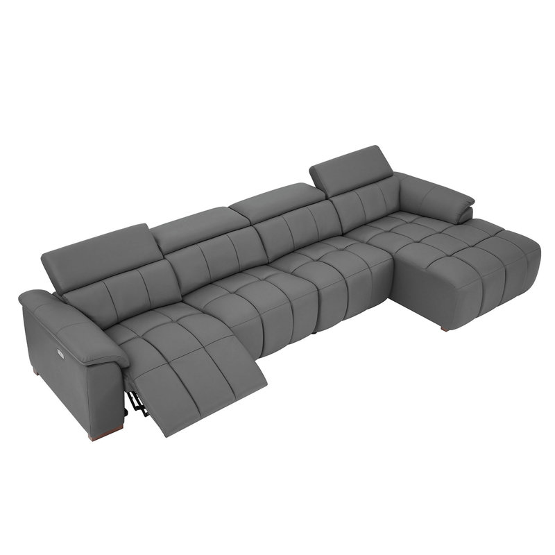 4 Seats Wall-Hugger Reclining Sofa Modern Electric Control Genuine Leather L Shaped Couch,Lounge Seat Theater Seating Furniture With USB Port, Sofa With Headrest & Footrest For Living Room,Apartment