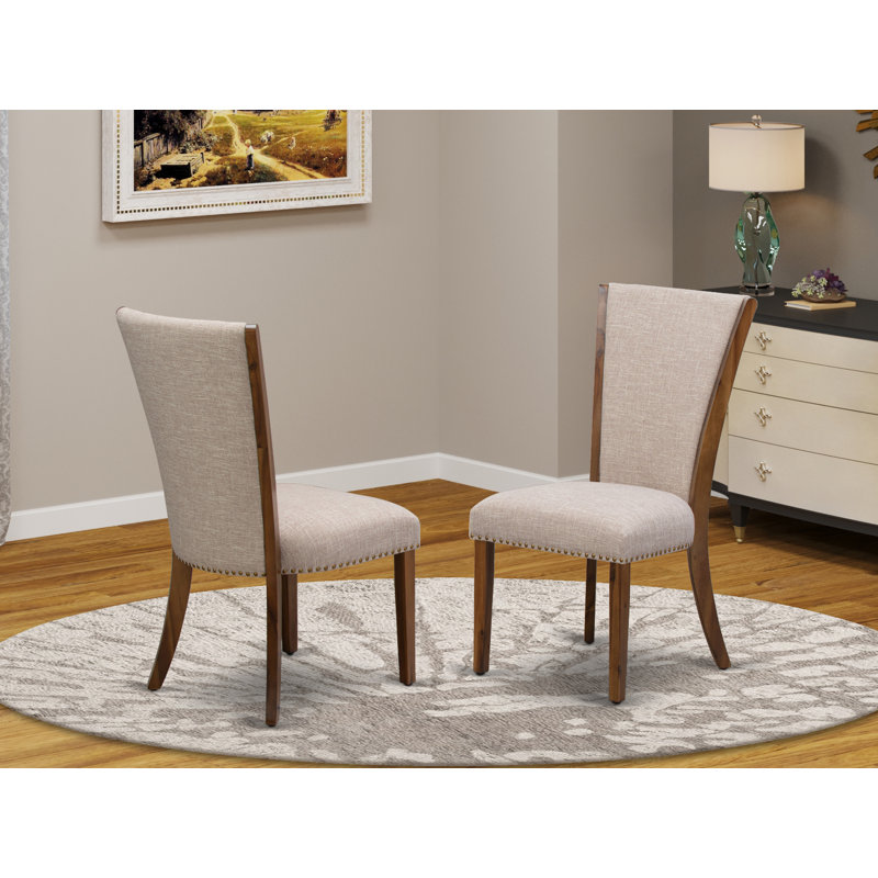 Verona Parsons Dining Chairs - Nailhead Trim Light Tan Linen Fabric Upholstered Chairs, Set of 2, Walnut, Antique Walnut