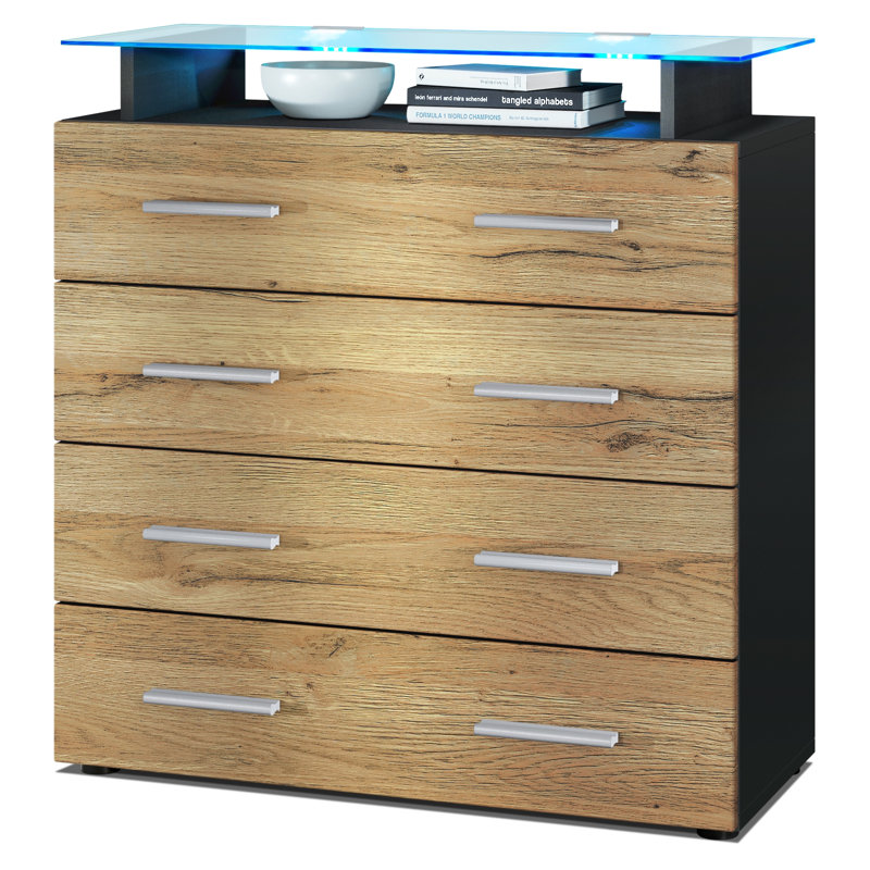 Mazur 4 Drawer 76cm W Chest, Black/Oak Nature, With LED