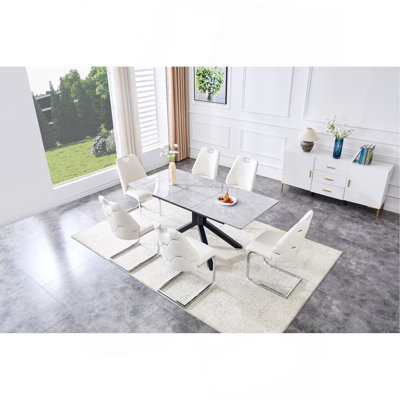Modern Rectangular Dining Table with Light Gray Painted MDF Top and Sturdy Geometric Metal Legs, Contemporary Kitchen Table for Dining Room, Office or