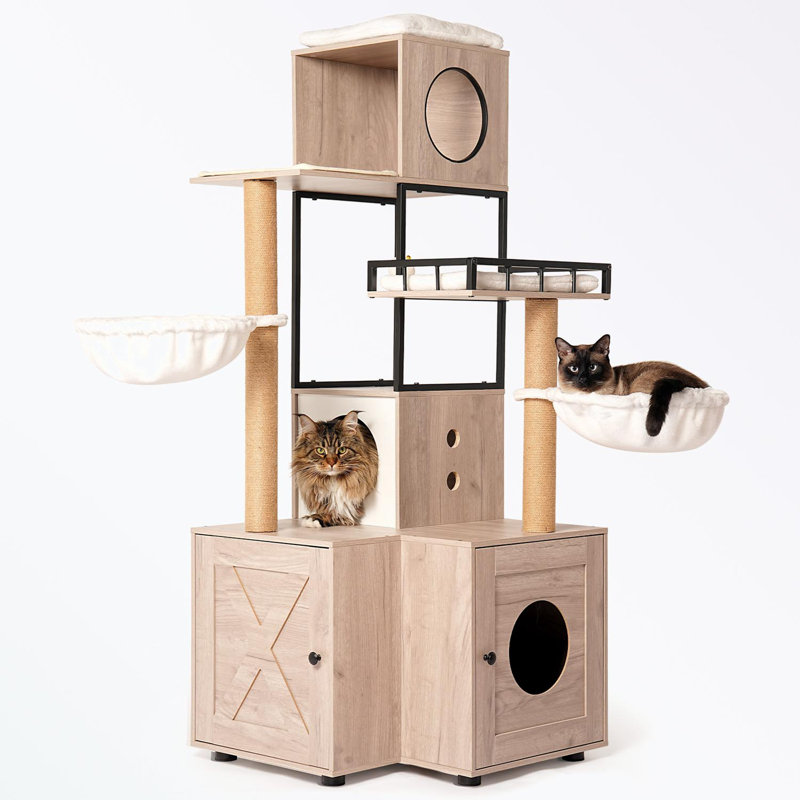 Arbre à chat avec litière, poteaux à griffer et porte-jouets
