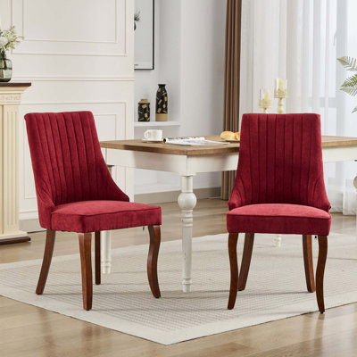 Linen Dining Chairs Channel Kitchen Dinner Chair Comfy Fabric Upholstered Accent Chair For Dining Room With Curved Wood Legs,Set Of 2