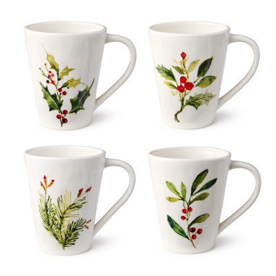 Holly and Vines Christmas Mugs - Ensemble de 4 tasses de Noël en grès avec des styles botaniques conçus par l'artiste, tasses à café et à café 18 oz pour les réceptions hivernales et les cadeaux festifs