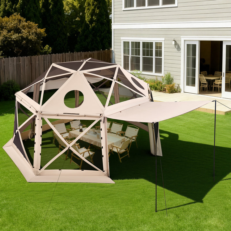 Pop up Gazebo Screen Tent, 15 x 15 ft, 13-Sided Spherical Camping Canopy Tent with Removable Top & Carry Bag, Quick-Set & Bite-Proof, Screen House Sun Shelter for 12-15 Persons, Beige