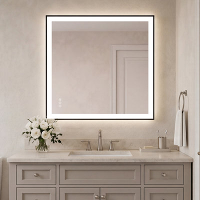 Bathroom Vanity Mirror, LED, Anti-Fog, Frontlit＆Backlit Wall Mounted, Black Frame