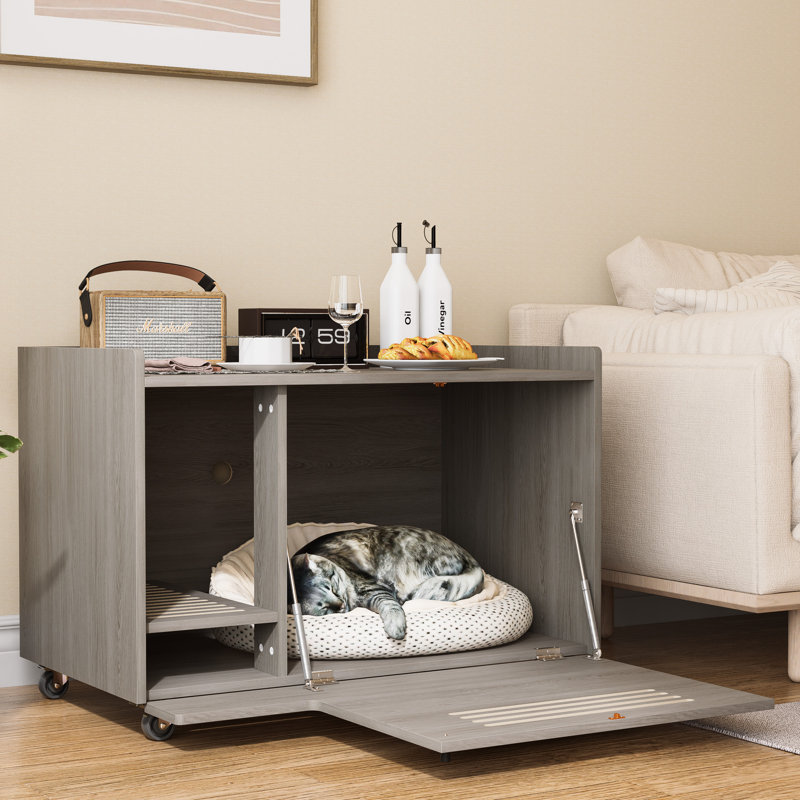 Grand bac à litière gris pour chat, multifonctionnel comme table de bout, roues silencieuses pour la mobilité, grille de ventilation, réduction des odeurs, meubles de construction à utilisation longue durée avec clôture supérieure, peut être