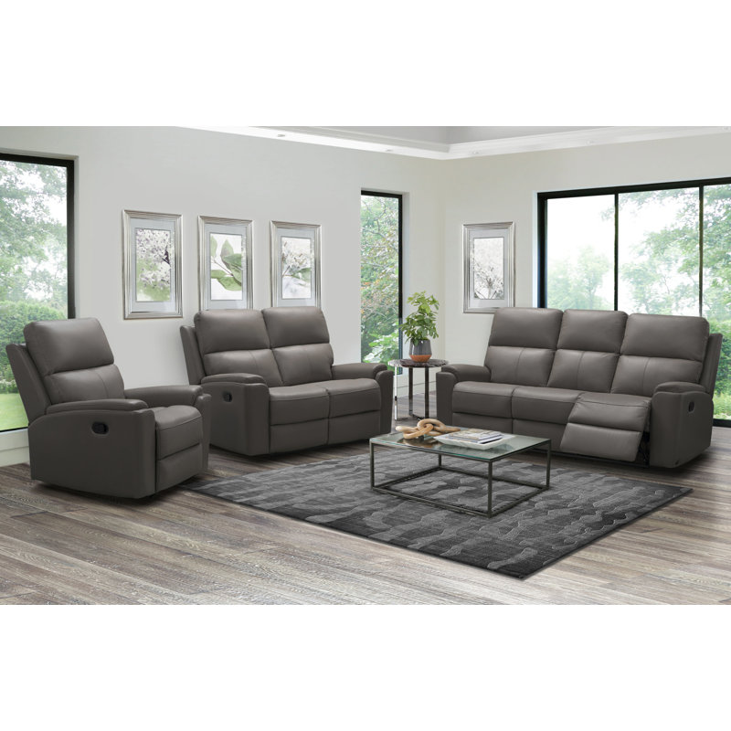 Ensemble de salon inclinable en cuir 3 pièces Lavigne, Cuir fleur gris