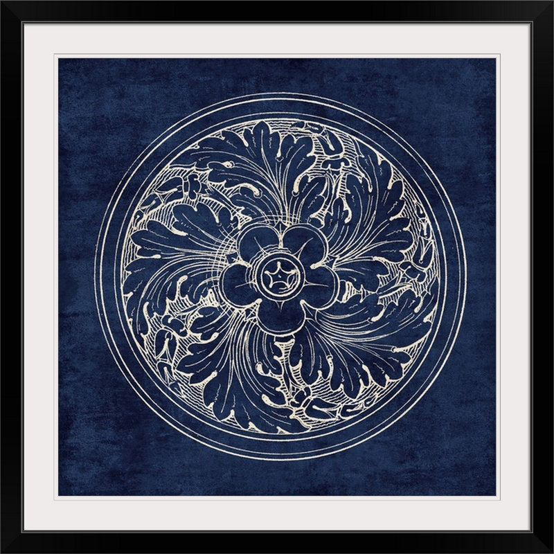 «Rosette II», reproduction d'impression graphique en indigo, H 32 po x l 32 po x P 1 po, Cadre noir