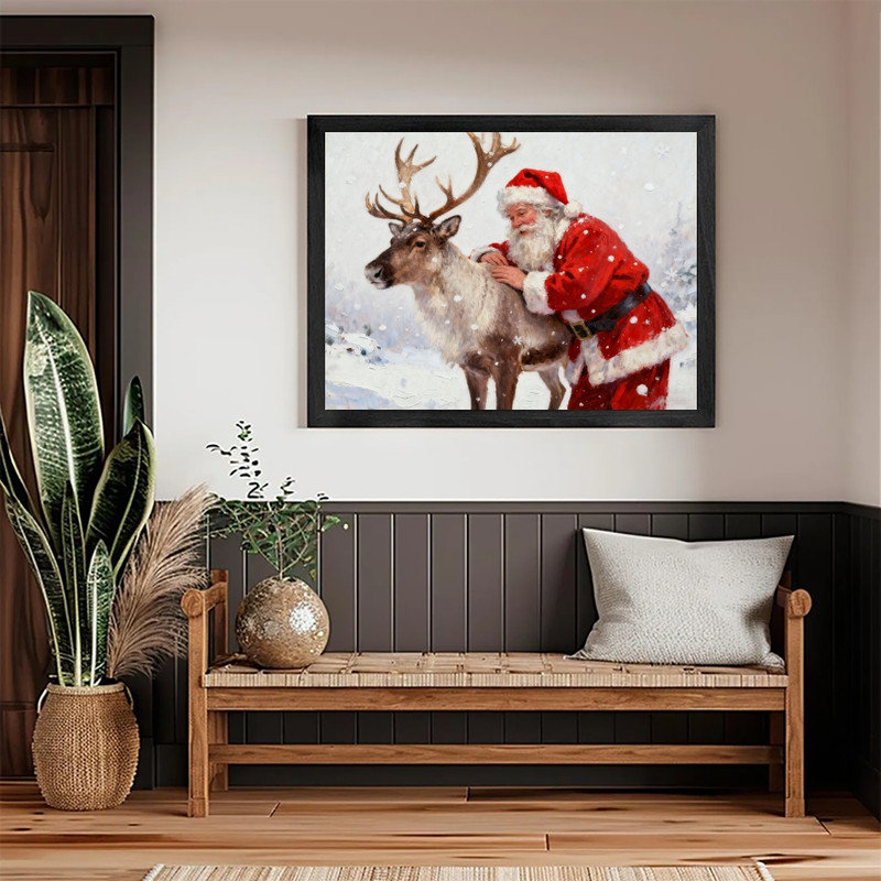 Art mural rétro de Noël noir - Père Noël et renne, décor de fête avec peinture à l'huile classique, impressions encadrées