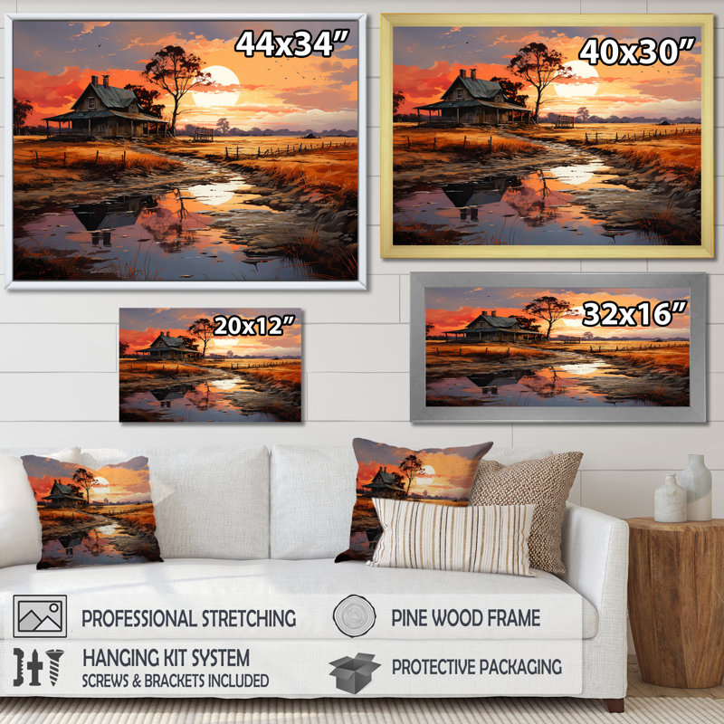 Barns Sunrise Country Charm sur toile, H 34 po x l 44 po x P 1,5 po, Cadre photo noir