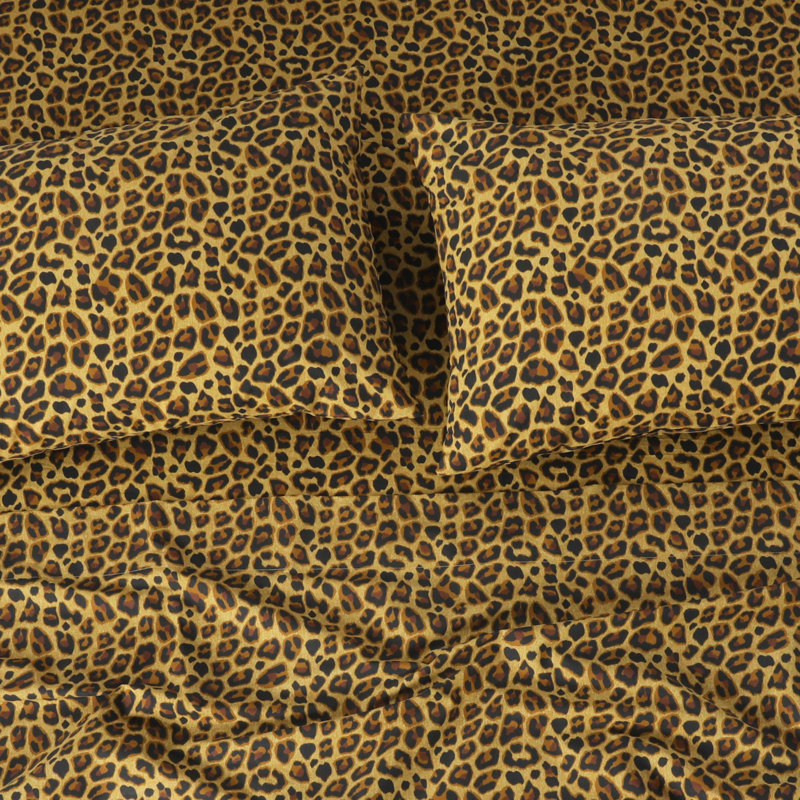 100% Cotton King Size Bed Sheets Set with Deep Pockets, Cozy Percale sheets with Elastic Fitted Sheet 4 Piece Bedding and Pillowcase set, Leopard Brown