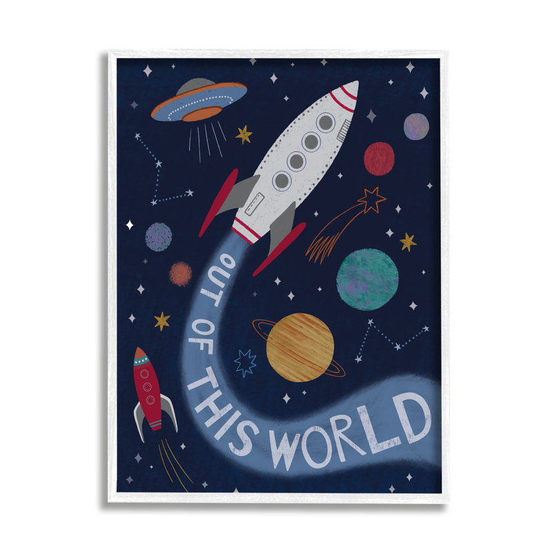 «Out Of This World Text Flying Rocket Ship Galaxy» par Nina Seven - impression, L 16 po x H 20 po