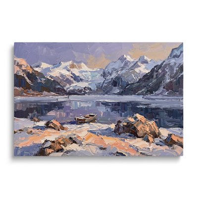 Tableau multicolore sur toile représentant un paysage de lac et de montagne enneigée, œuvre d'art murale de style pictural avec bateau, idéale pour le salon, la salle à manger et la chambre.