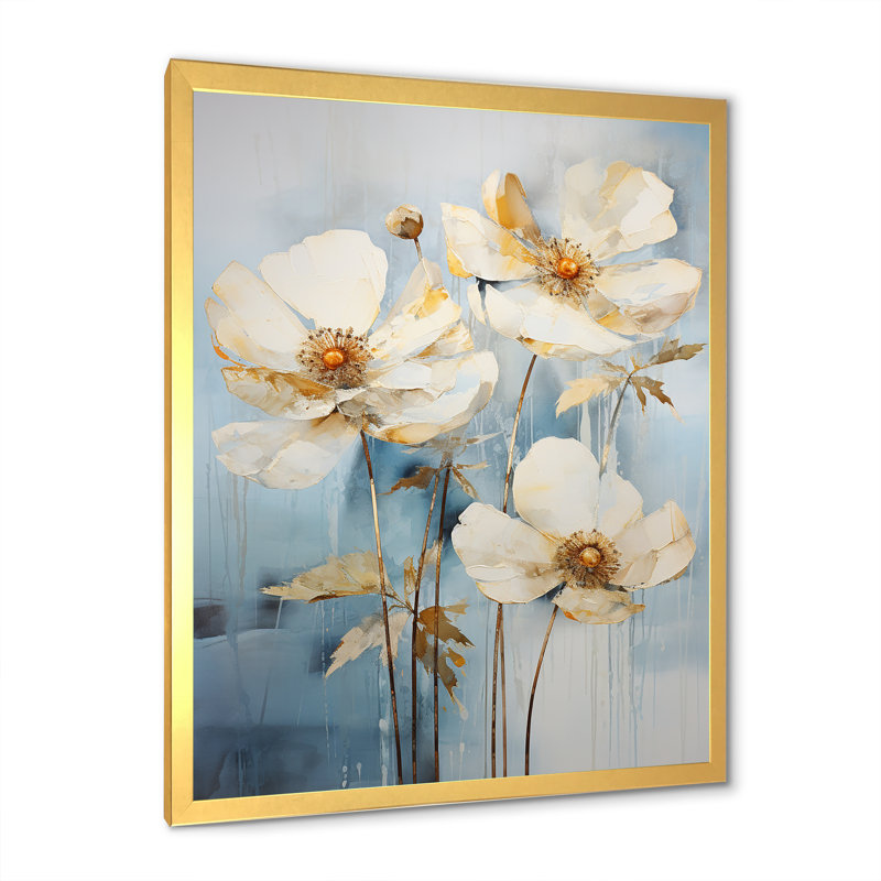 Minimalisme renoncules sur fond bleu sur toile, Cadre doré simple, H 32 po x l 16 po x P 1 po