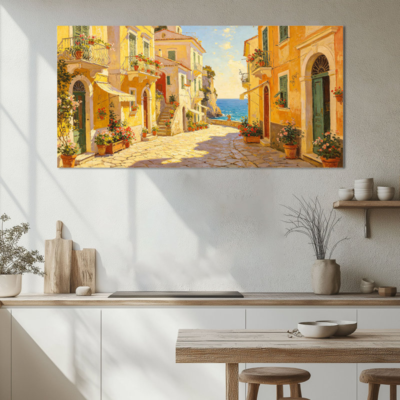 Art mural sur toile de la côte Amalfi de Timuba - peinture de village côtier italien, décoration murale méditerranéenne, image vibrante d'Italie pour la décoration intérieure, toile tendue avec cadre en pin, 16 po x 32 po
