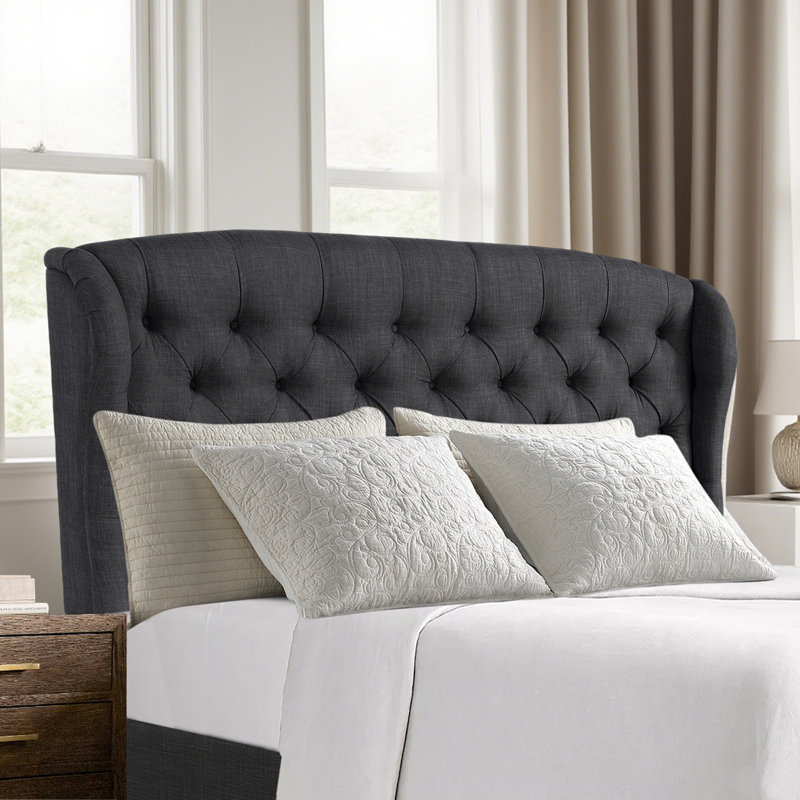 Tête de lit tapissier à oreilles de luxe en lin - Moderne - Hauteur réglable - Capitonnage à boutons, Noir, Grand