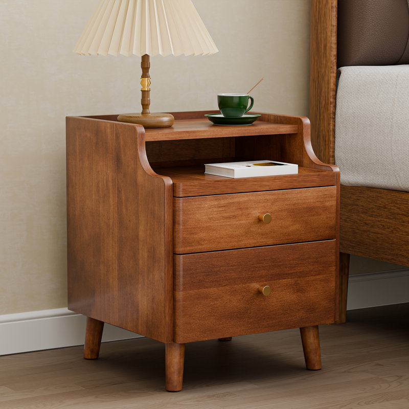 19.7" H Nightstand with Drawers, Pre-Assembled, Natural Solid Wood Night Stand with Open Sliding Shelf, Walnut