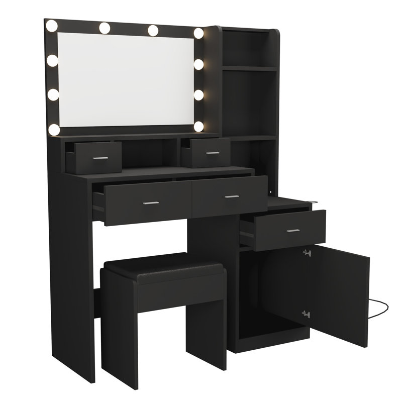Coiffeuse de chambre à coucher avec miroir et: rangement spacieux, prise de courant, tabouret rembourré, coiffeuse moderne: ampoule, tiroirs, 2 ports
