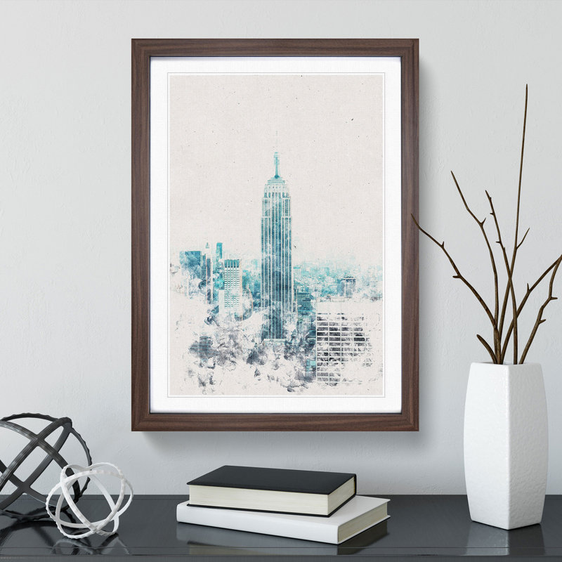 Empire State Building In New York Watercolour - Picture Frame Graphic Art, 33cm H x 24cm W x 2cm D, Walnut Framed