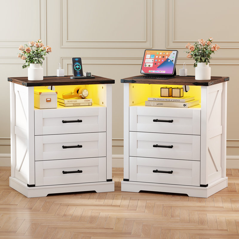 Wooden Farmhouse Style Night Stand With 3 Drawers, Nightstand Set of 2 with Charging Station, White End Table With LED Light