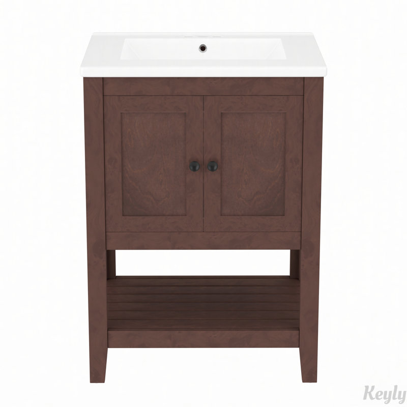 24" Modern Sleek Bathroom Vanity Elegant Ceramic Sink, Brown