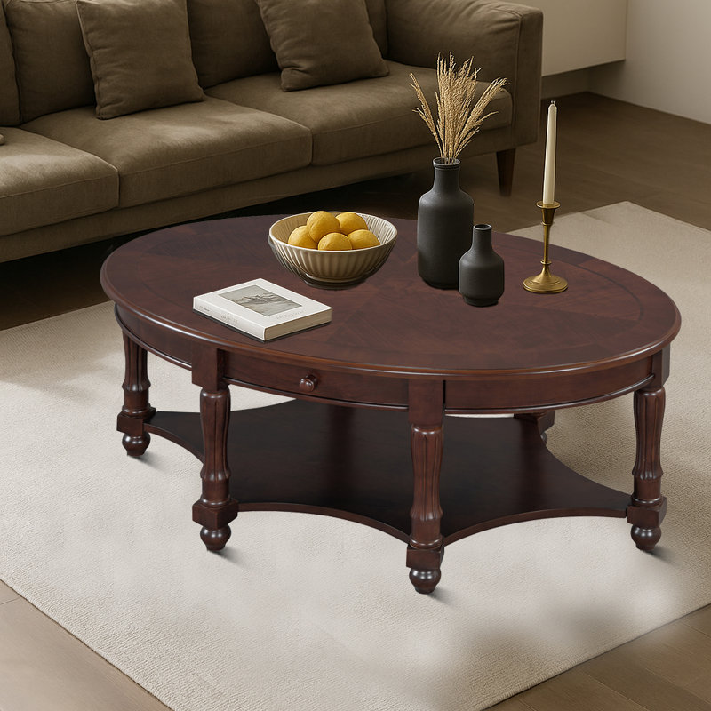 Table basse vintage ovale avec tiroir de rangement et tablette ouverte, 6 pieds, Noyer