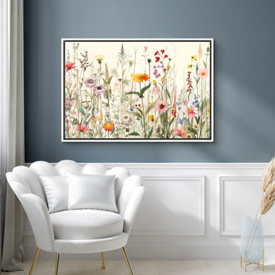 Vibrant Wildflower "Bright Daisy Floral Field Pictures, Spring French Country Living Room Artwork, Large Framed Canvas Print Wall Art"