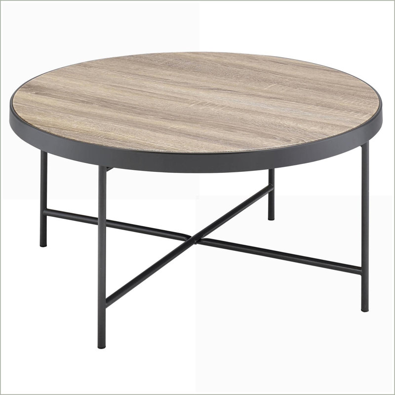 Table basse industrielle en chêne gris vieilli et noir avec plateau rond, grande surface et support en X stable