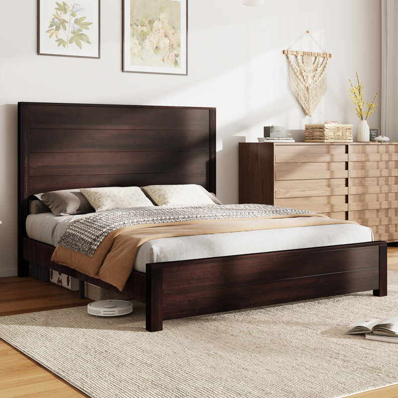 Queen Dark Brown Pine Wood Platform Bed with Tall Headboard