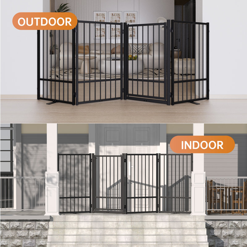 Black Metal Freestanding Dog Gate with Walk-Through Door