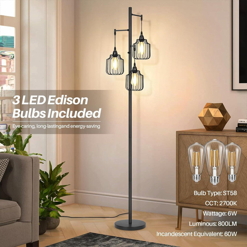 Dimmable Floor Lamp With 3 X 800LM LED Edison Bulbs,Tall Standing Lamp For Living Room,Farmhouse Black Corner Floor Lamp,Bright Industrial Rustic Vintage Tree Pole Light With Cage For Bedroom Office
