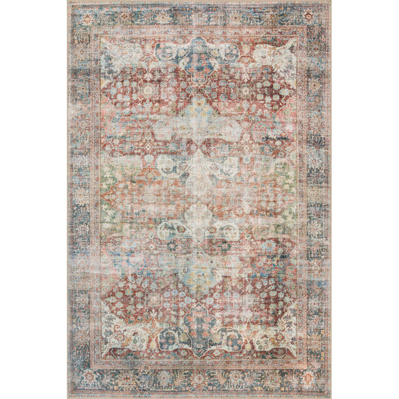Oriental Terracotta/Blue/Ivory Area Rug, Rectangle 8'4" x 11'6"