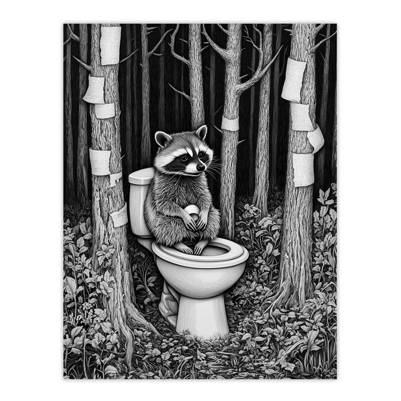 Raccoon on Toilet in Forest Surreal Wall Art Print
